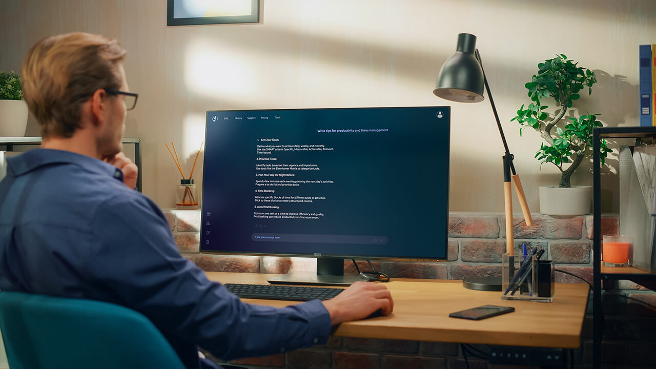 Professionista al lavoro con assistente IA sul monitor
