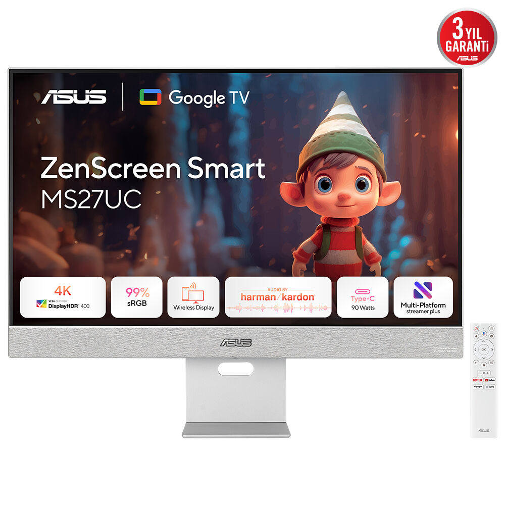 MONITOR ASUS LED 27" Wide ZenScreen Smart MS27UC IPS 3840x2160 5ms 350cd/m² 2x5W MM Reg.inH HDMI DP USB-C Docking Google TV
